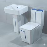 ensemble sanitaire blanc avec finitions bleues composé d’un WC et d’un lavabo sur colonne