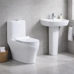 Ensemble WC + Lavabo sur Colonne Design Moderne – Blanc Céramique avec douchette